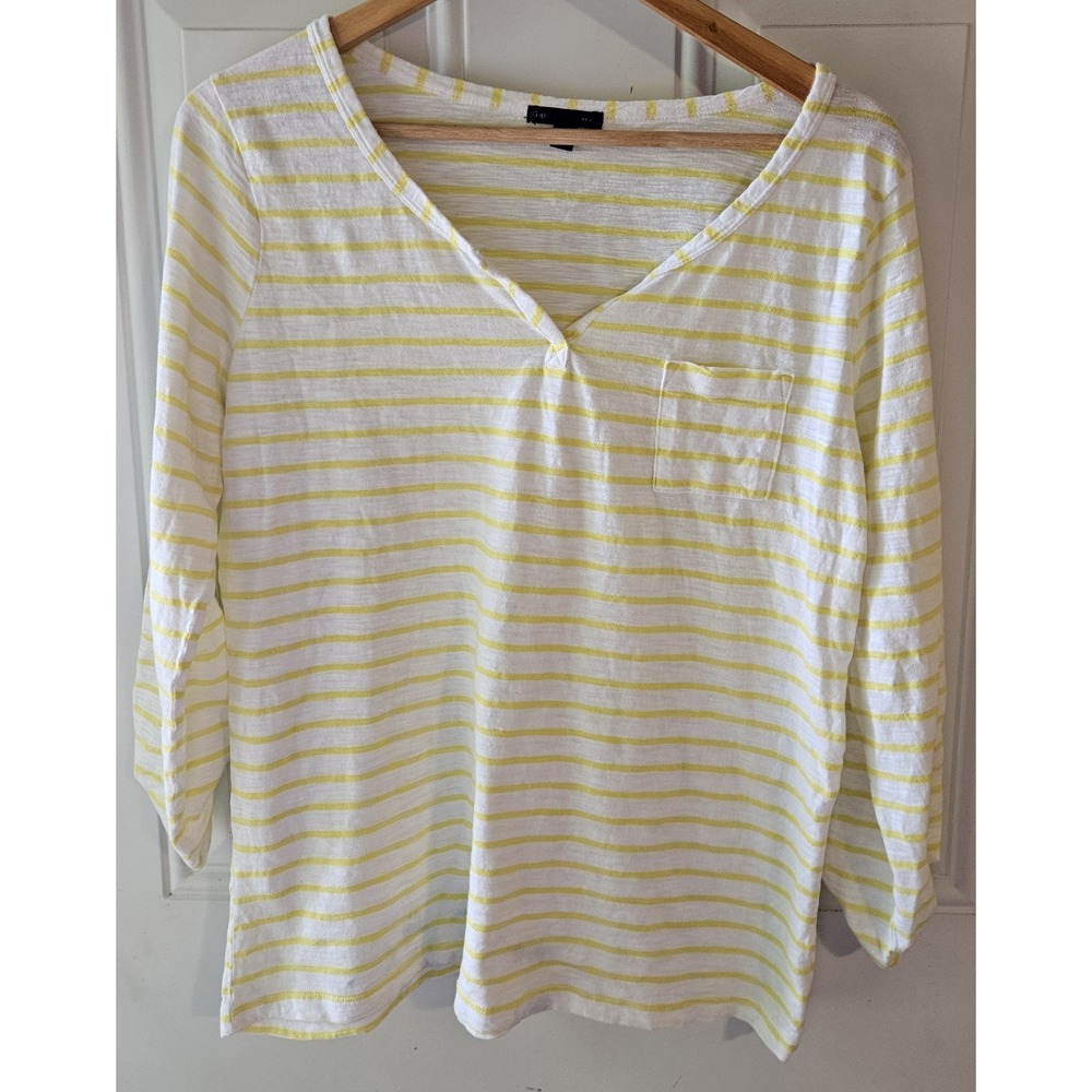 Gap‎ Womens Large Yellow White Stripe Top 3/4 Sleeve V Neck Pocket Cotton
